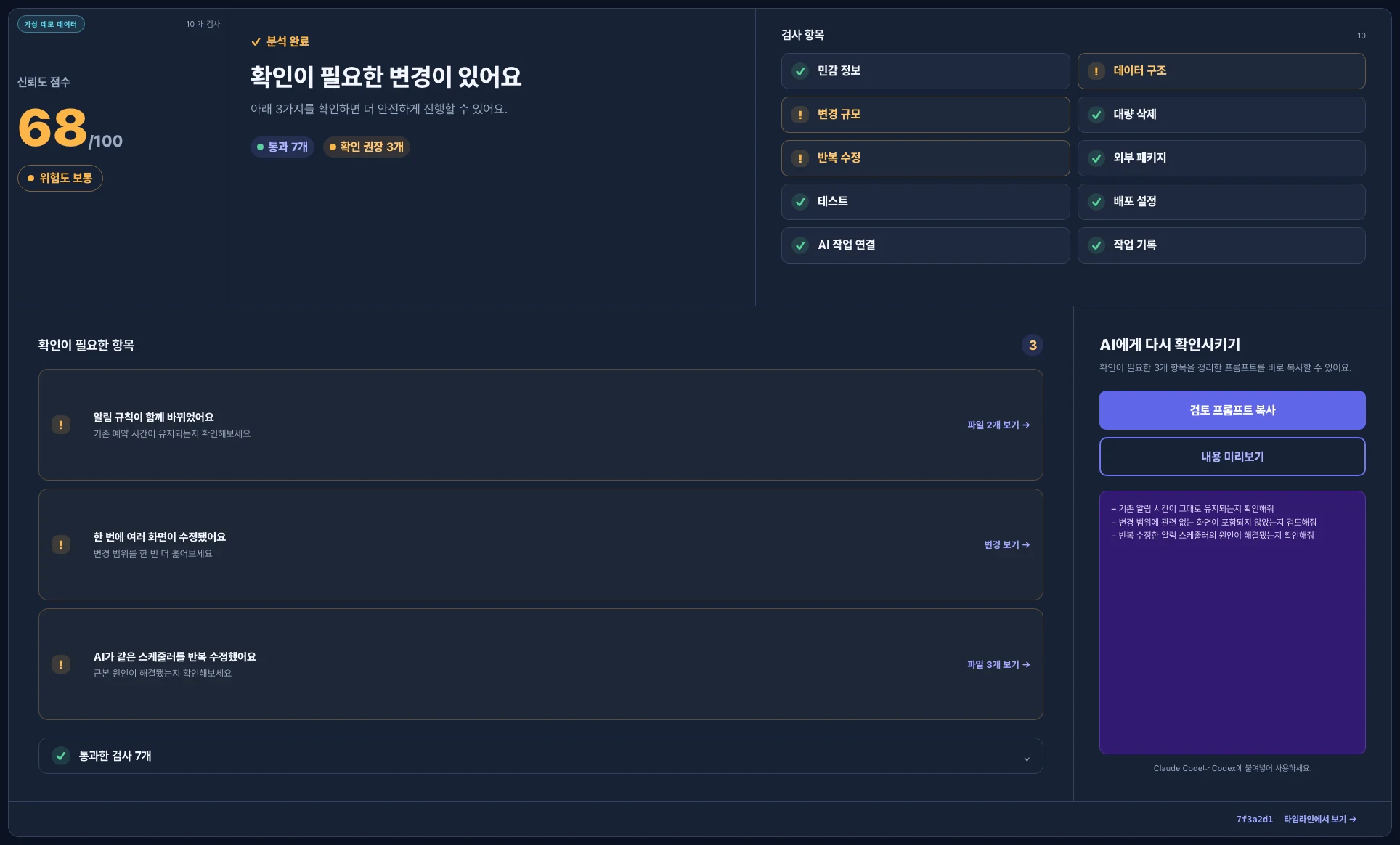 신뢰도 68점과 검토가 필요한 3개 항목, AI 재검토 프롬프트를 보여주는 가상 데모 Commitude 분석 화면