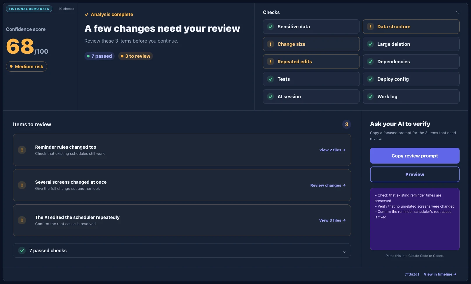 Fictional Commitude demo analysis showing a score of 68, three items to review, and an AI review prompt