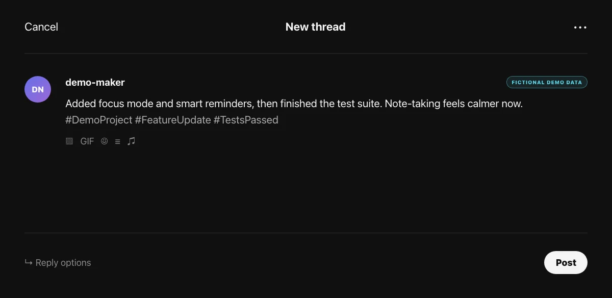 Composing a new Threads post with a Commitude AI summary caption