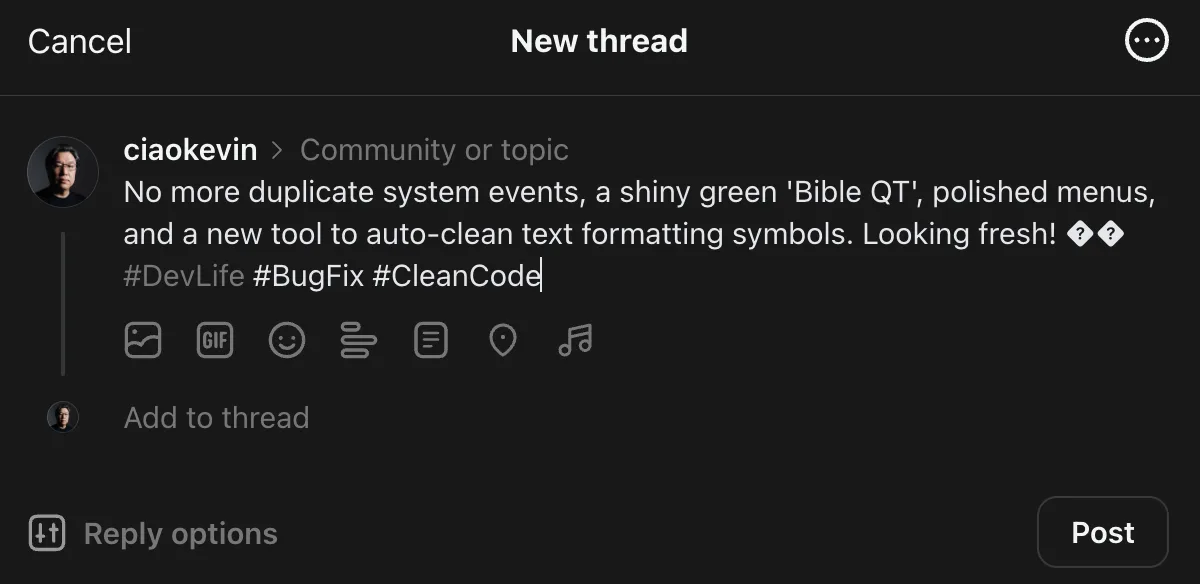 Composing a new Threads post with a Commitude AI summary caption