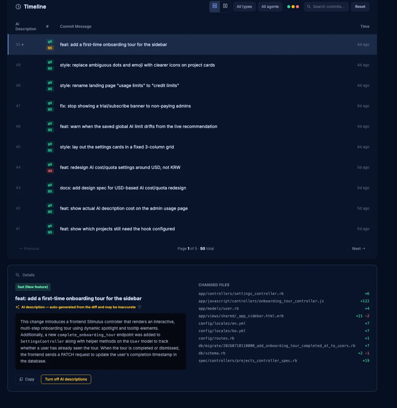 Commitude timeline showing what AI is doing in real time